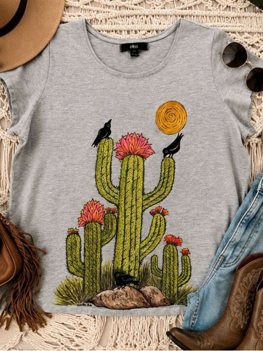 Ellos Upcycled Cactus Art Tee Original Charlisa French Drawing & Painting 18/20